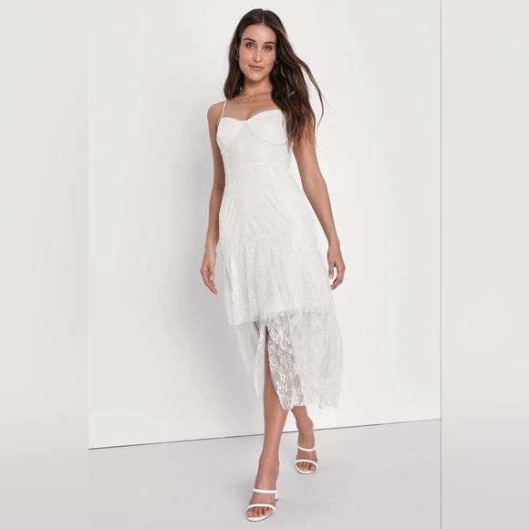 Lulus Elaborate Love White Lace Bustier Tiered High-Low Maxi Dress XS Wedding - Picture 2 of 10